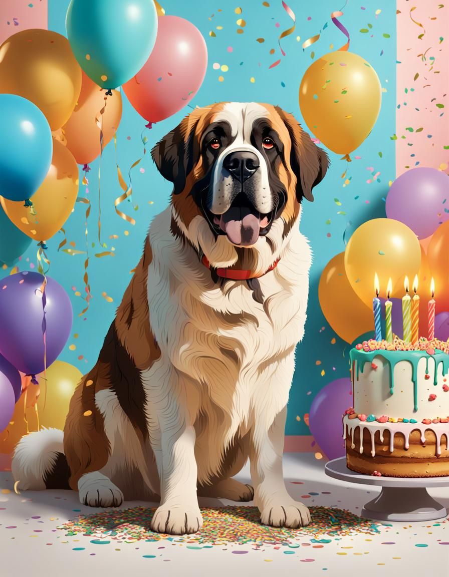 Happy St. Bernard with Cake in Whimsical Line Art