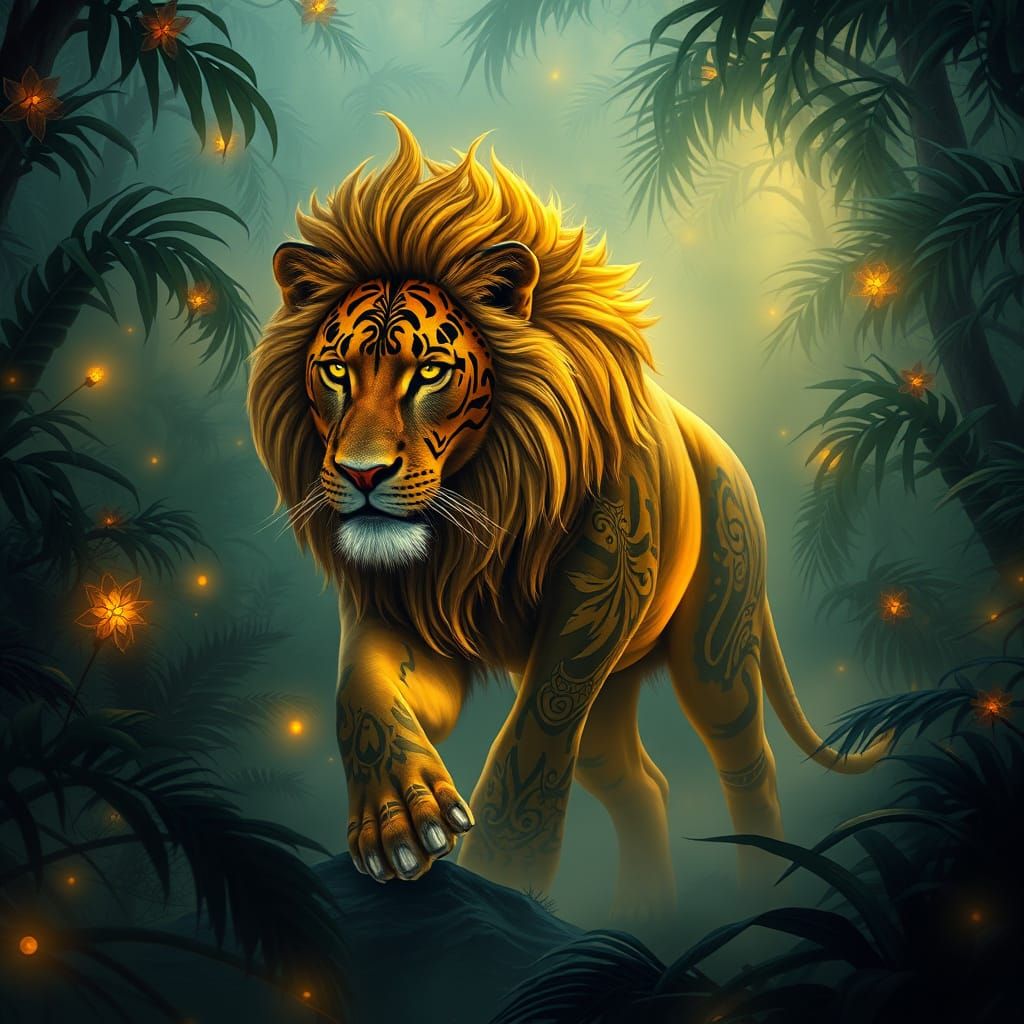 Majestic Lion Emerges from Hyperrealistic Jungle Night