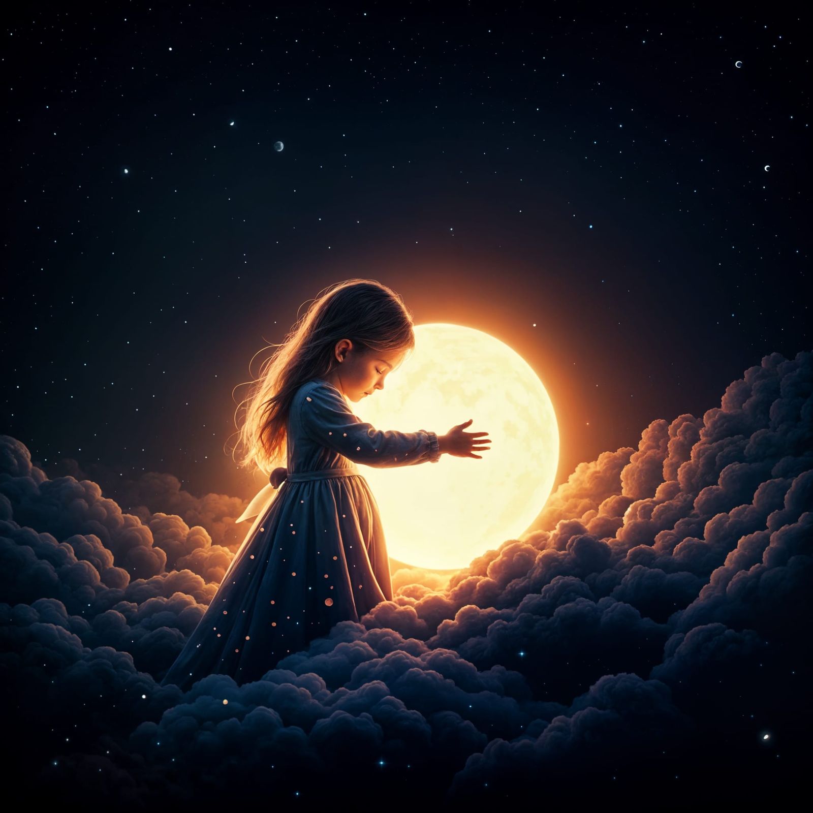 Little Girl Hugs the Moon in Vibrant Fantasy Art