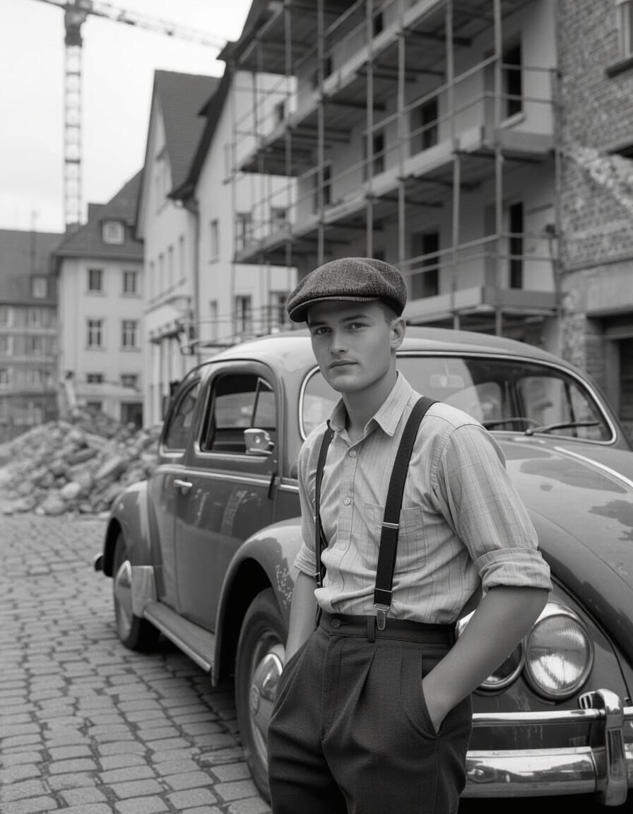 1950s German Man With Vintage VW Beetle, Black And White Sty...