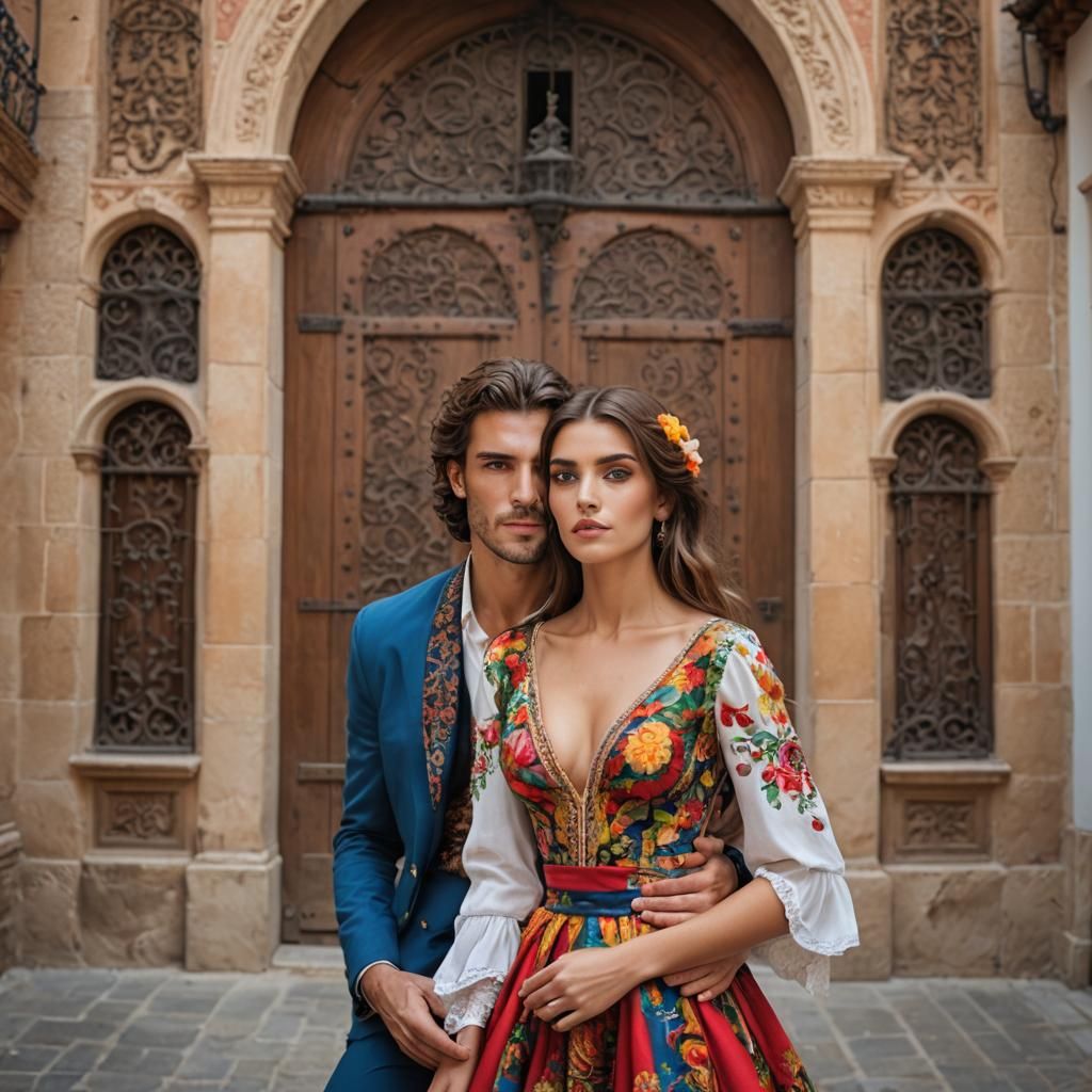 Beautiful Spanish Couple in Courtyard Embrace