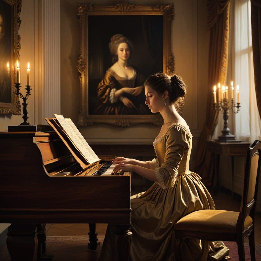 Elegant Woman Plays Harpsichord in Lavish 18th Century Salon