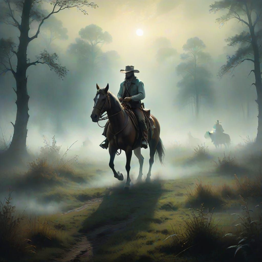 Cowboy on Horseback in Misty Forest