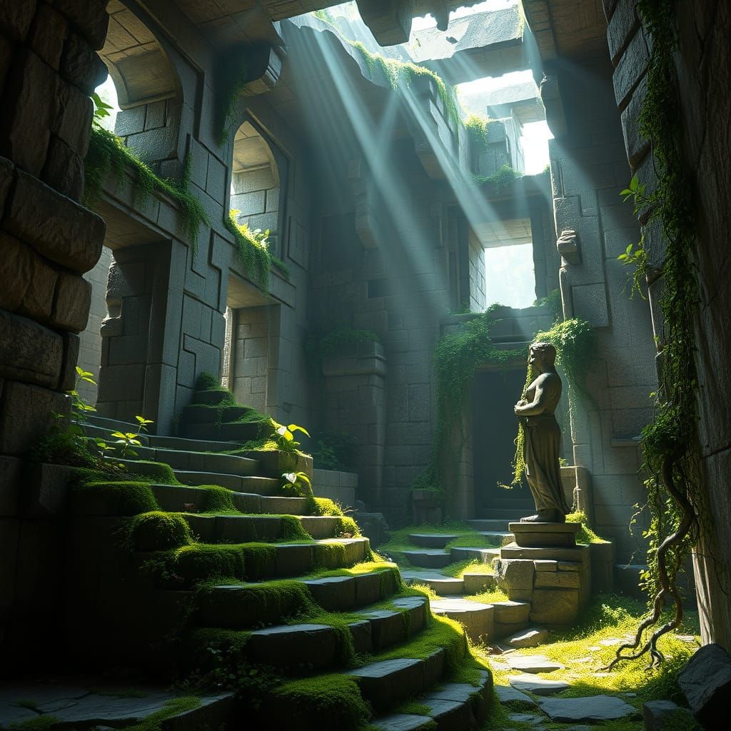 Glowing Plants in Abandoned Temple, Magical Realism Art