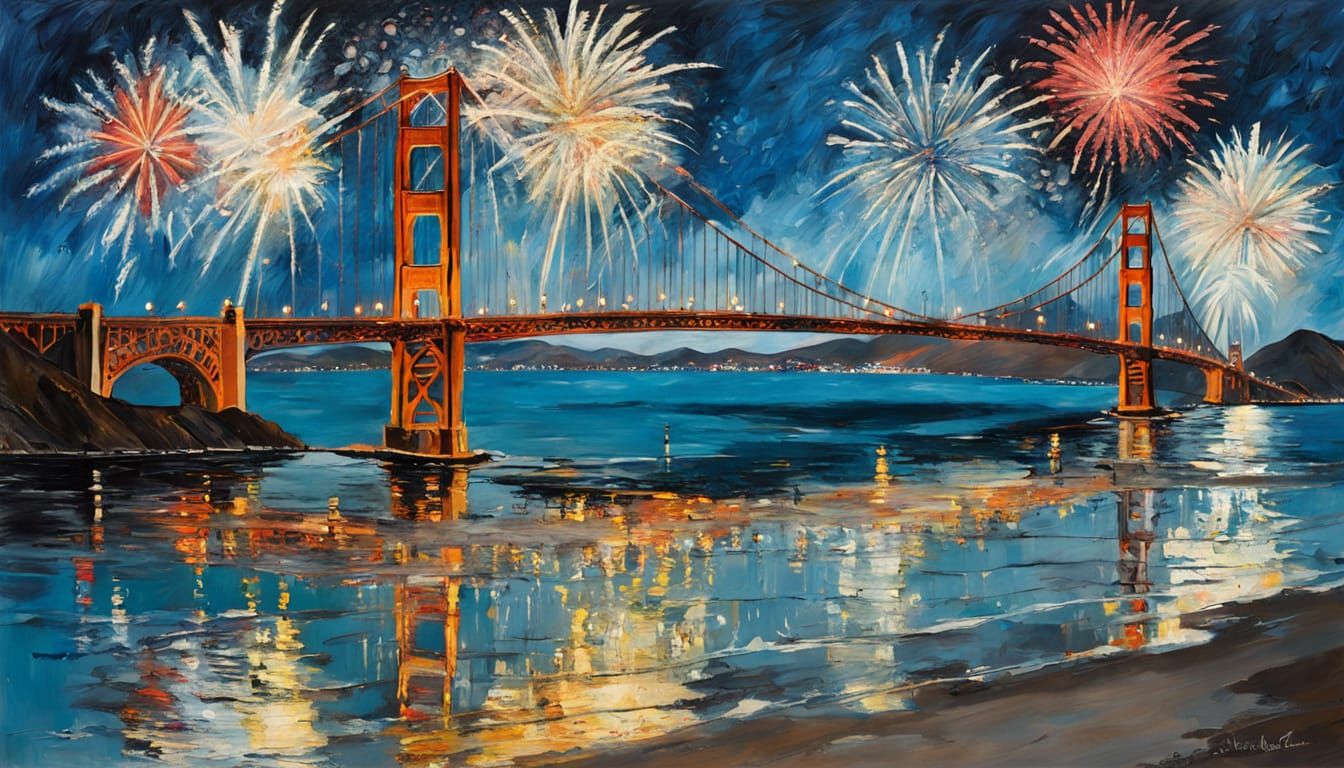 Golden Gate Bridge Fireworks Over Pacific, Painted Style