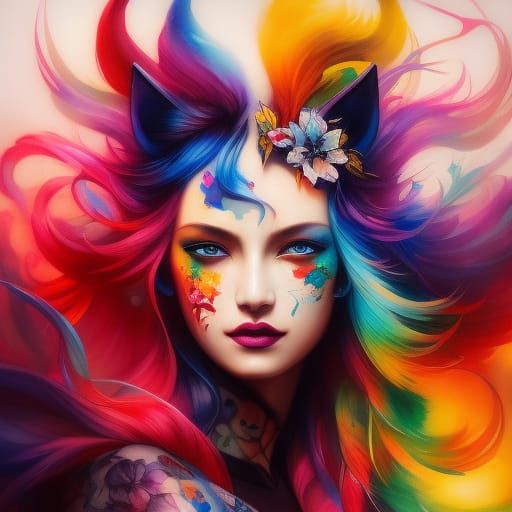 Kitsune Spirit Fox Portrait in Watercolor Graffiti Style