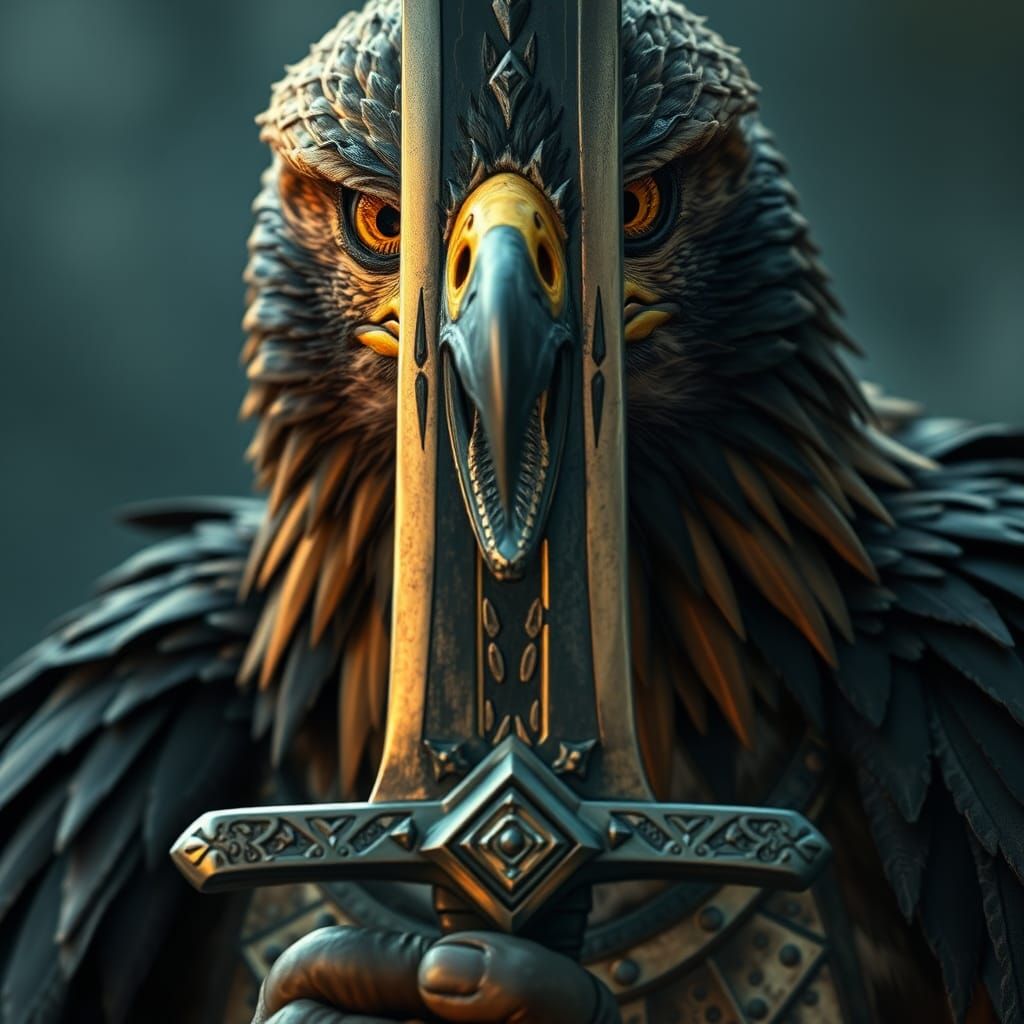 Hawk Warrior with Reflective Sword Fantasy Art
