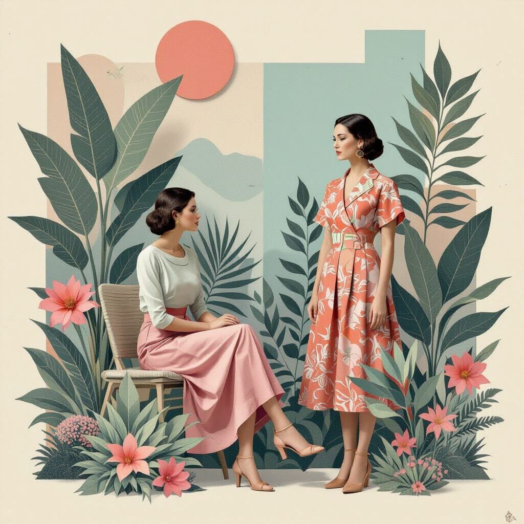 Surreal Women Collage with Abstract Plants and Pastel Hues