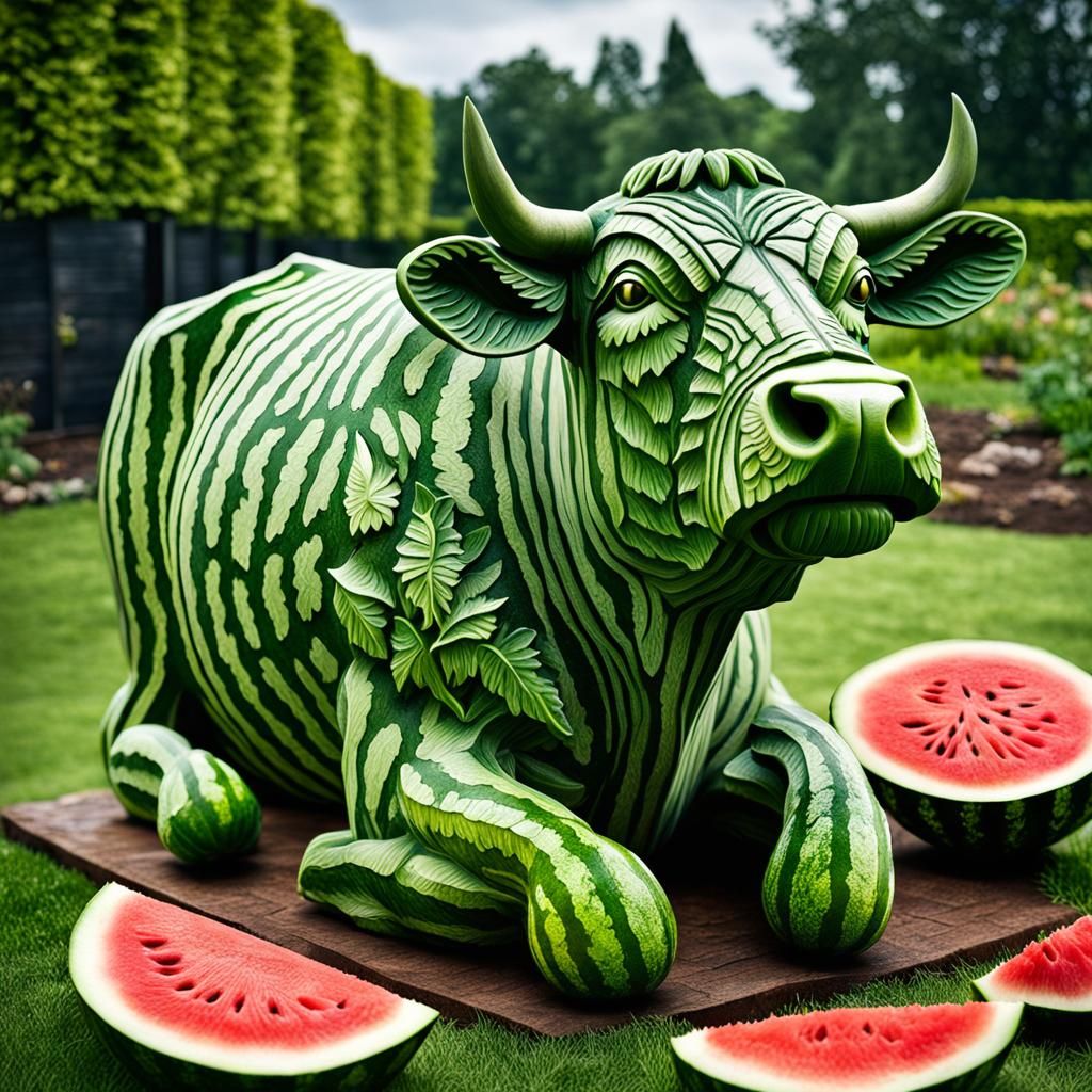 Hyperrealistic Watermelon Carving of a Cow in Garden