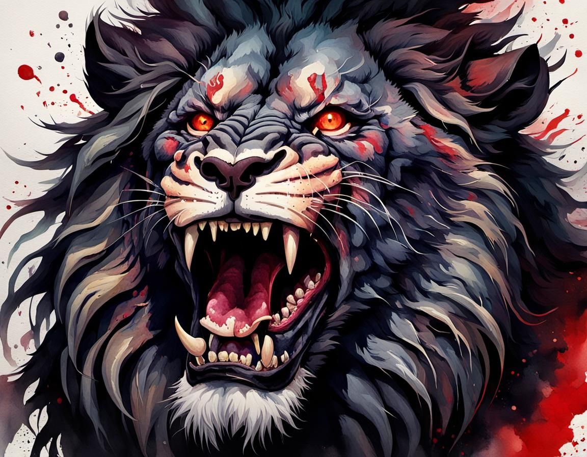 Menacing Lion Roaring with Glowing Eyes