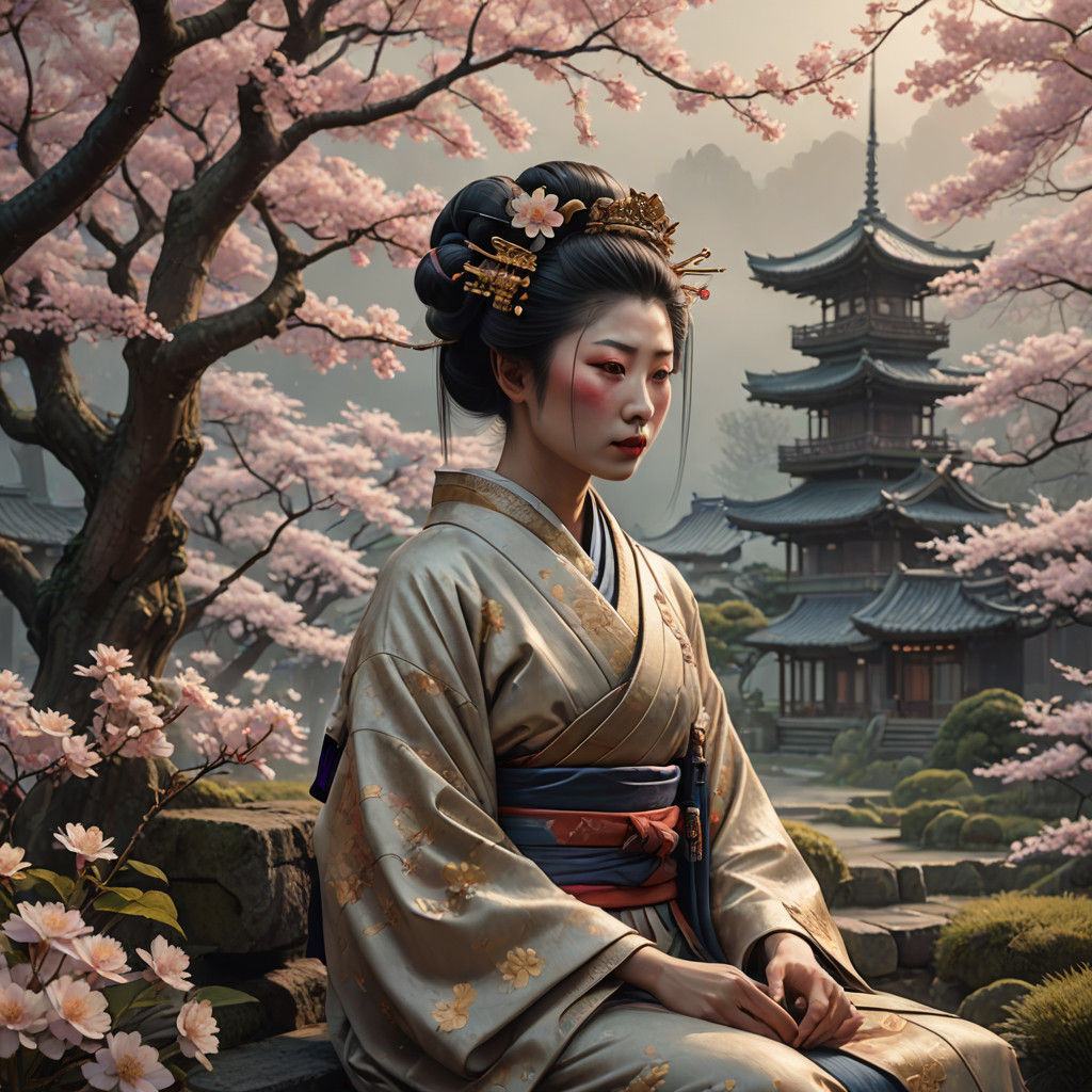 Fantasy Geisha in Lush Garden Radiates Serene Elegance