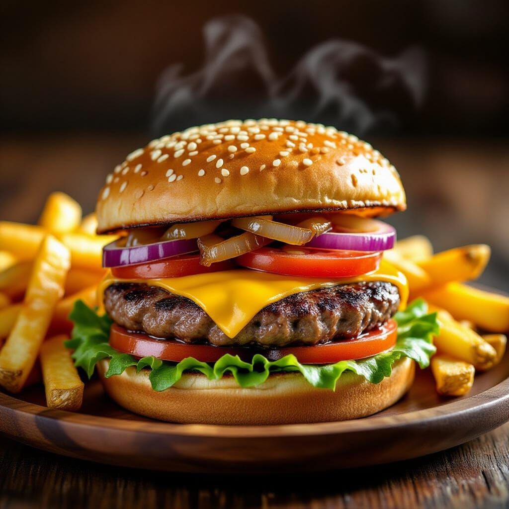 Delicious Cheeseburger with Fries in Realistic Food Photogra...