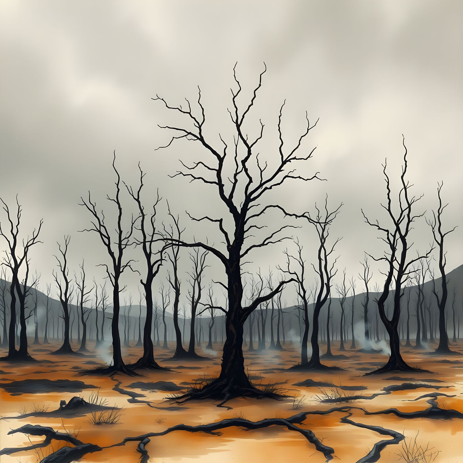 Charred Landscape: Watercolor and Digital Art