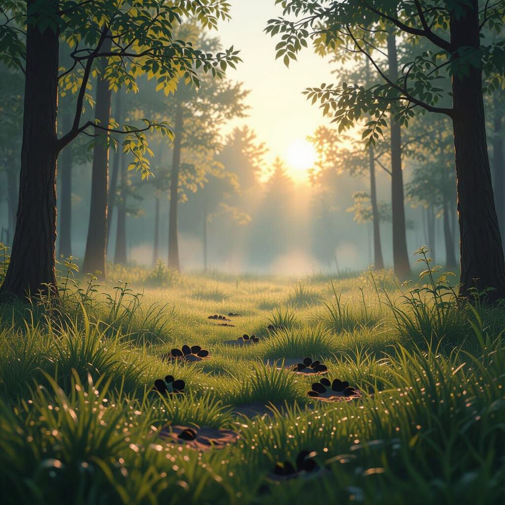 Dawn in Forest Clearing: 3D Digital Art
