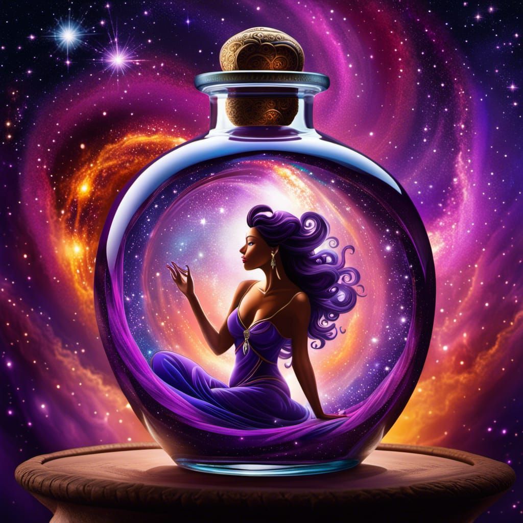 Female Genie Trapped in Glass Bottle with Galaxy Magic