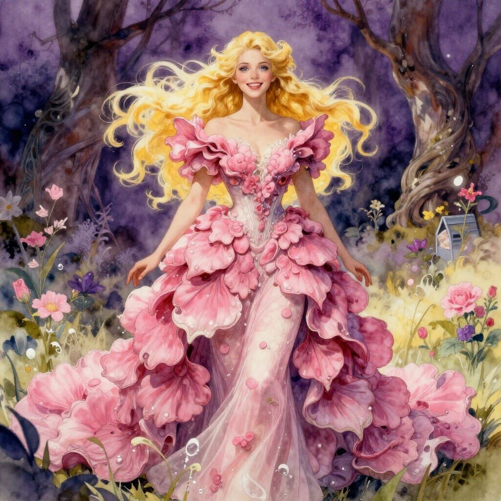 Pink Petal Gown on Woman in Watercolor Garden