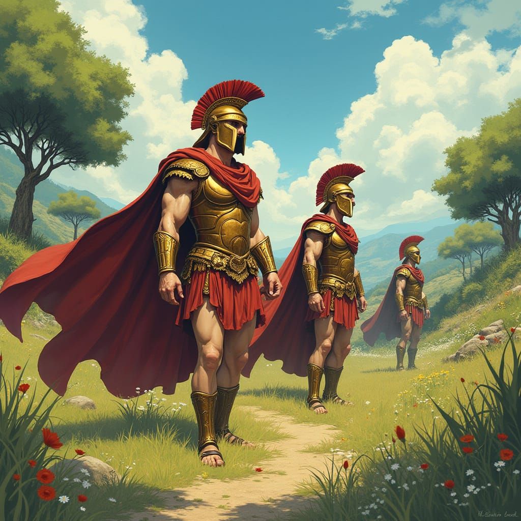Spartan Warriors in Enchanted Greek Landscape, Ghibli Style