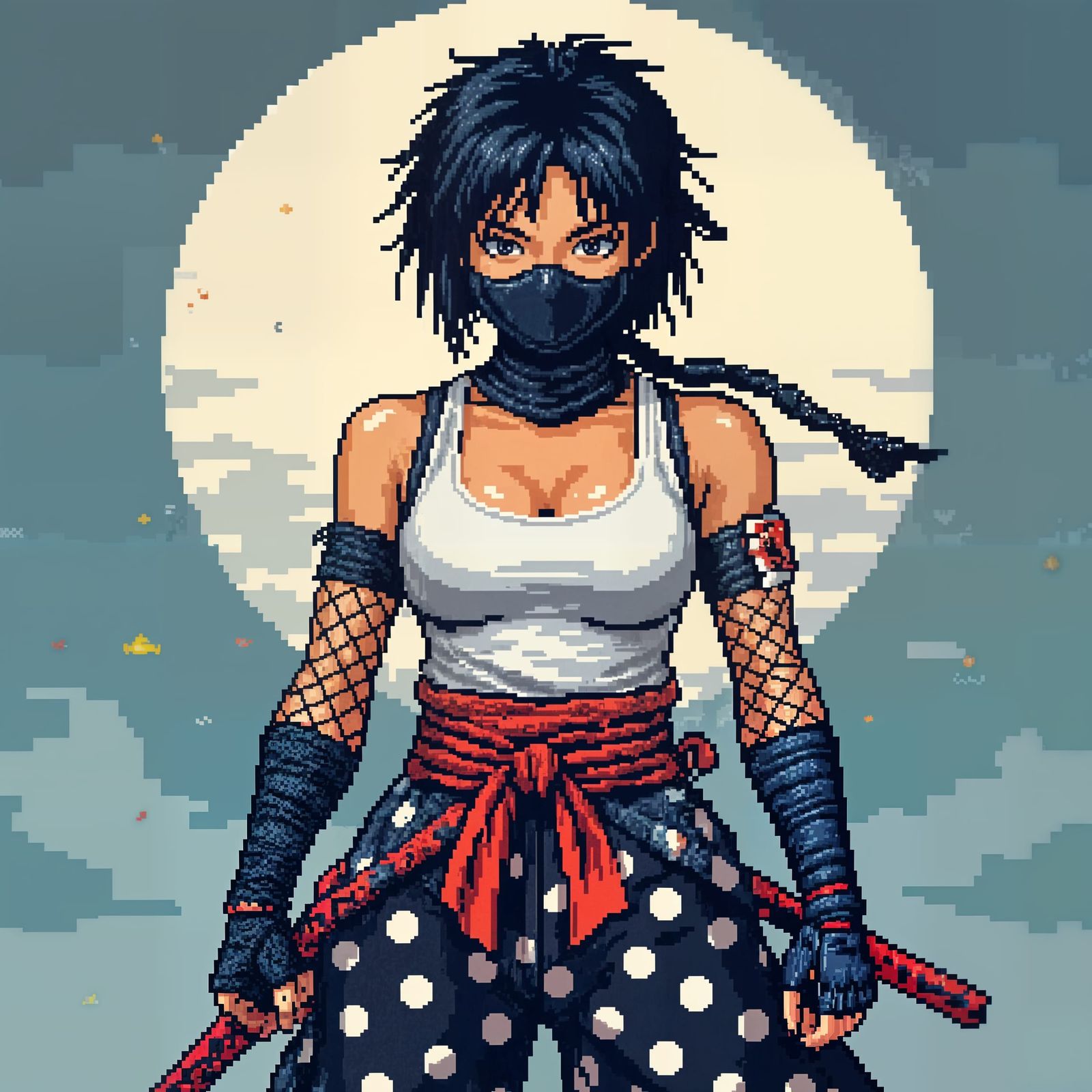 Pixel Art Ninja in Polka Dot Pants - 16-Bit Style
