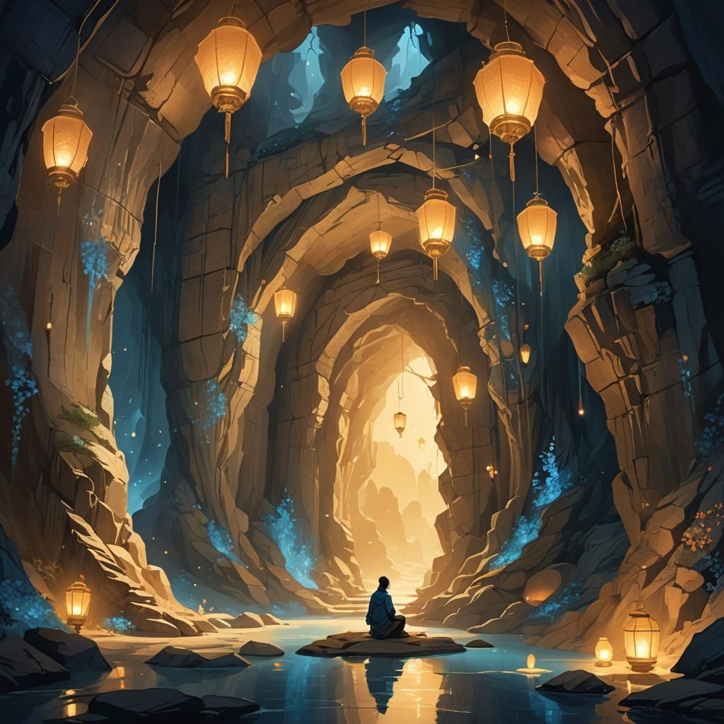 Melancholic Figure in Lantern-Lit Cavern Concept Art