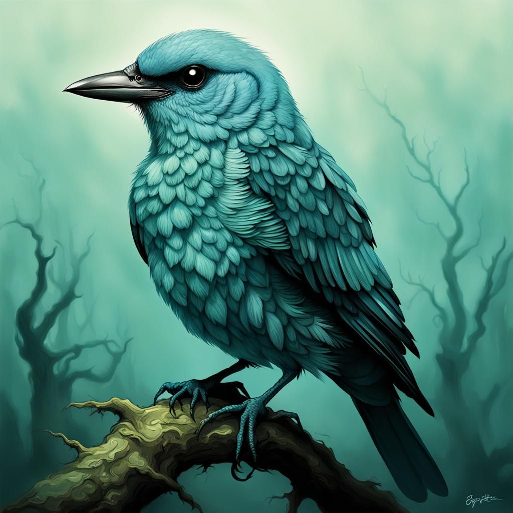 Sinister Aquamarine Bird in Dark Fantasy Style