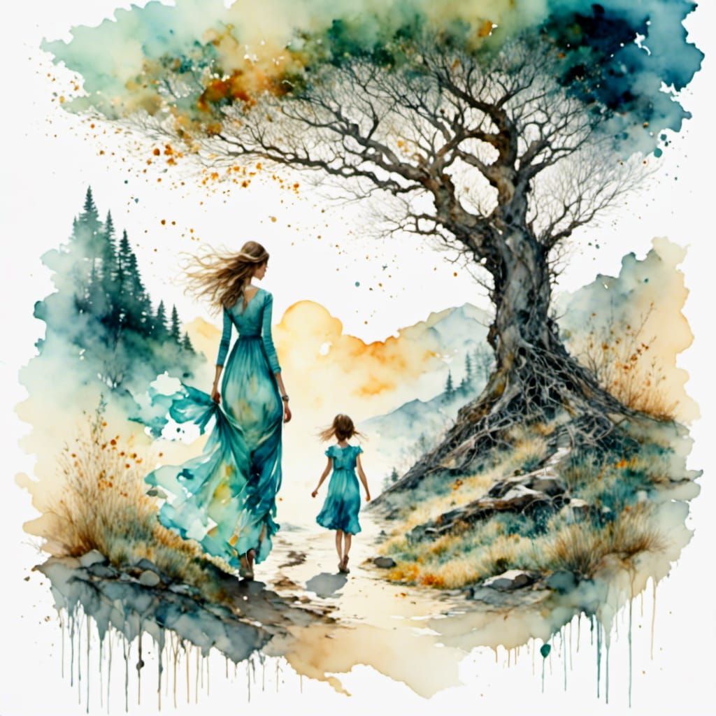 Pregnant Woman Walks Away: Dreamy Watercolor Style