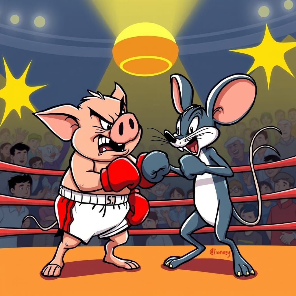 Cartoon Pig and Mouse Boxing Match in Looney Tunes Style