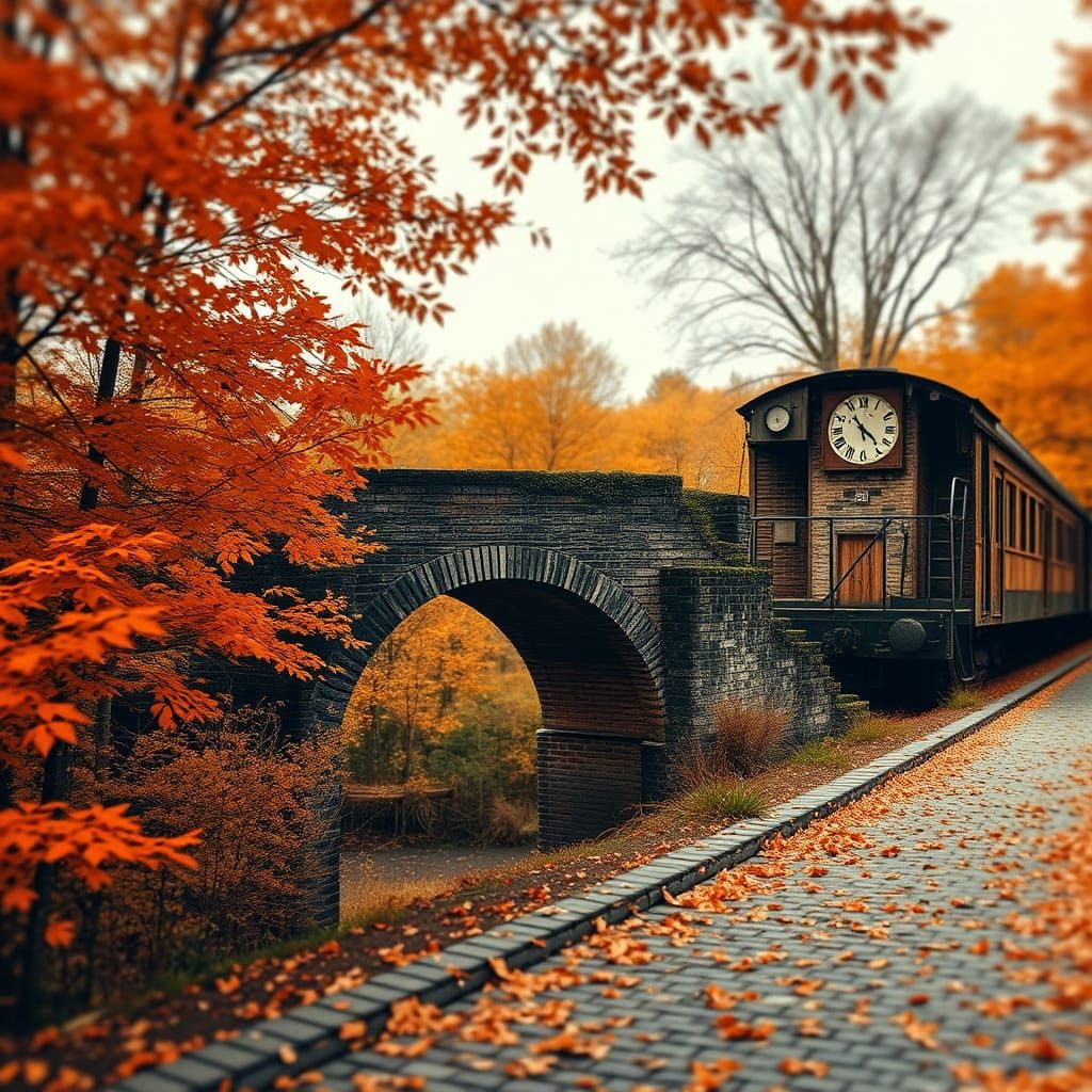 Autumn Forest Train and Bridge in Thick Paint
