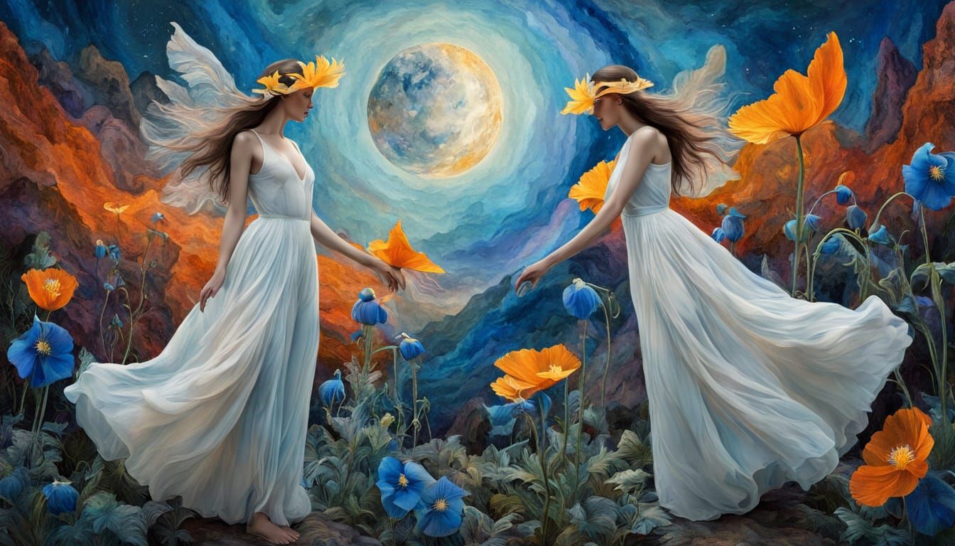 Dreamlike Cosmic Dance of Twin Beings in Vibrant Fantasy Lan...