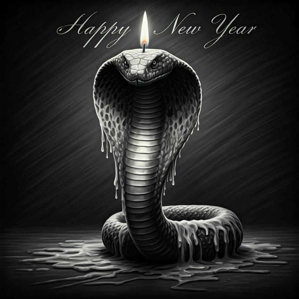 Cobra Candle in Dramatic Cursive Script with Happy New Year