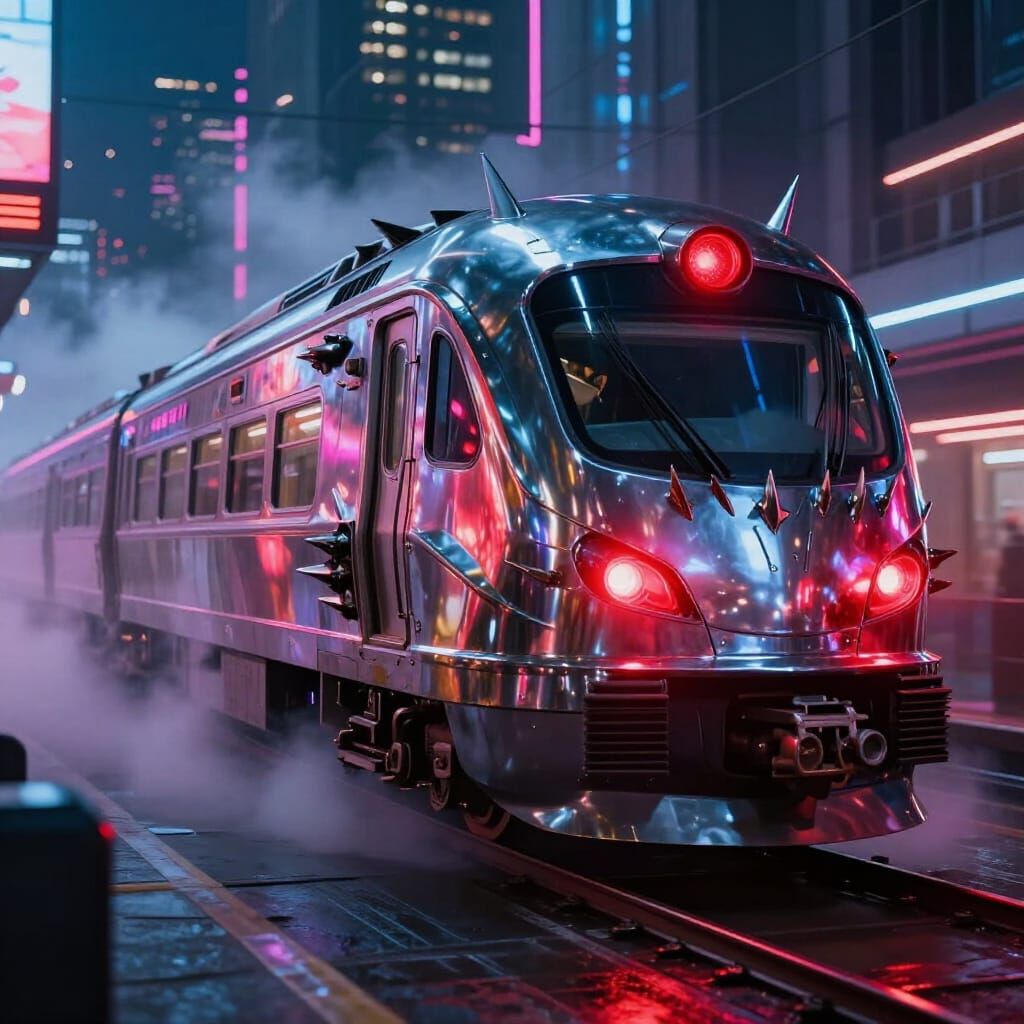 Cyberpunk Train Speeds Through Neon Metropolis