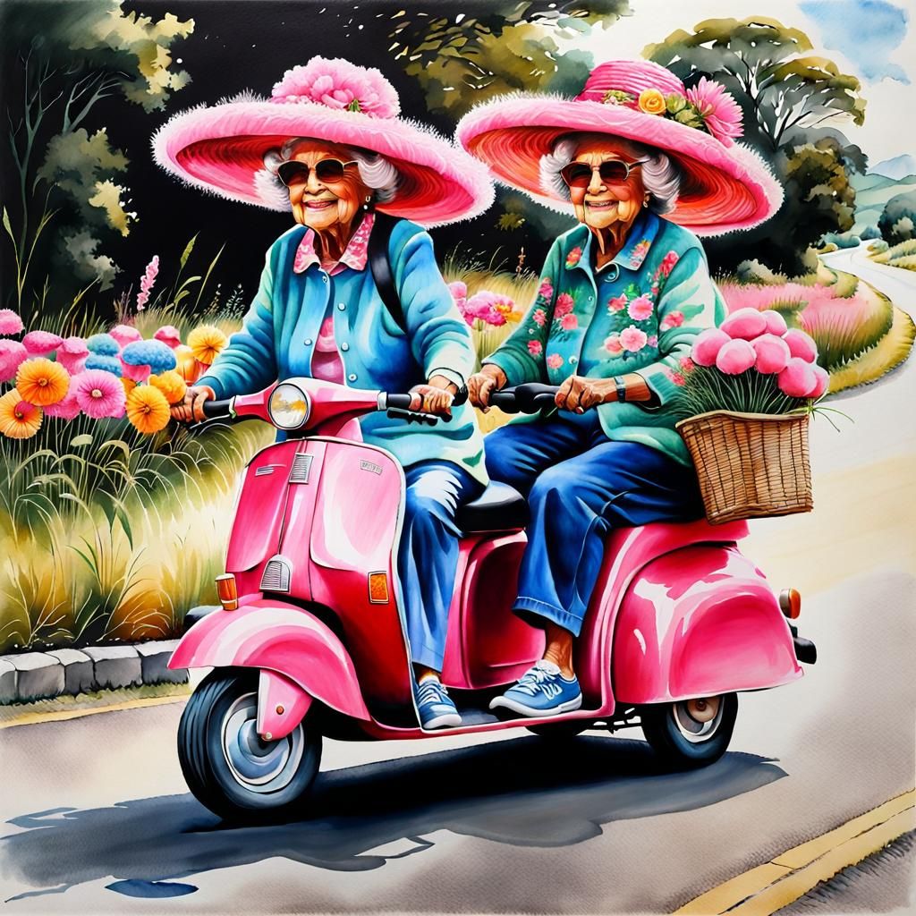Hyperrealistic Grannies on Pink Scooters, Watercolor Style