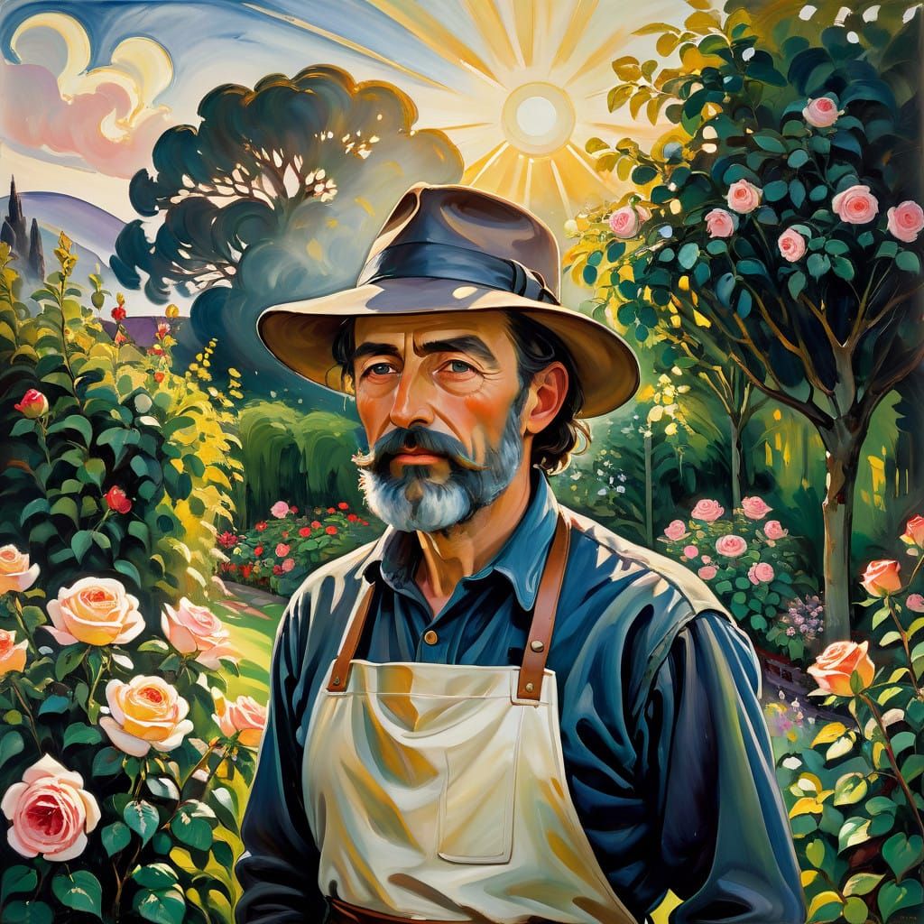 Gardener in Victorian Garden at Sunset