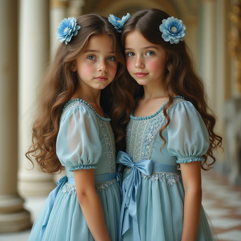 Elegant Young Girls in Blue Floral Hairpieces and Dresses