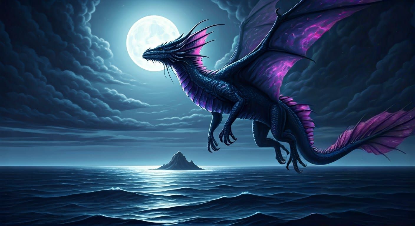 Moonlit Dragon Soars Over Oceanic Horizon