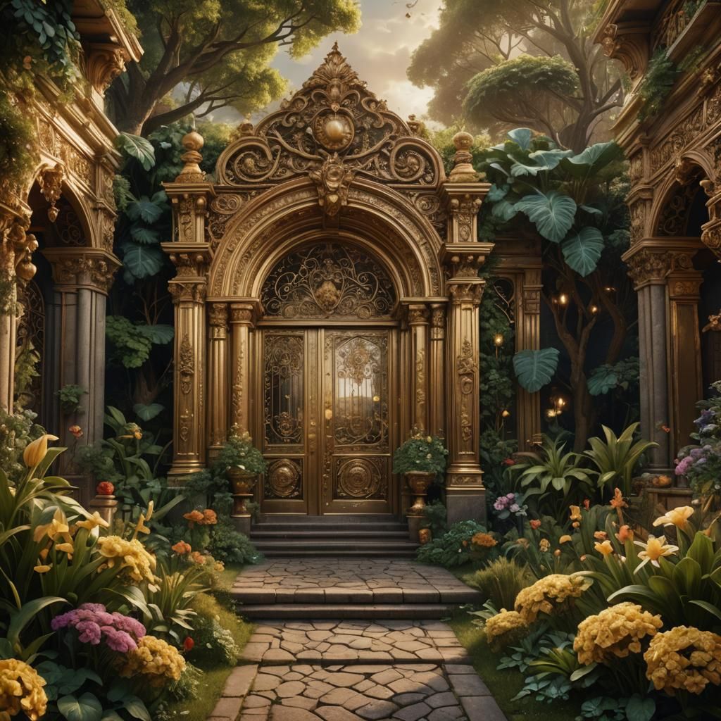 Ornate Golden Entrance to a Cinematic Garden