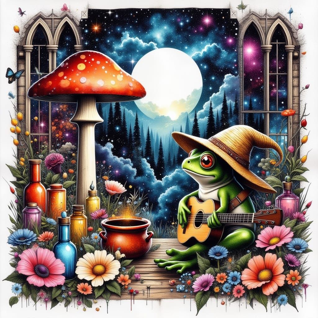 Whimsical Wizard Lair with Cartoon Frog Musician
