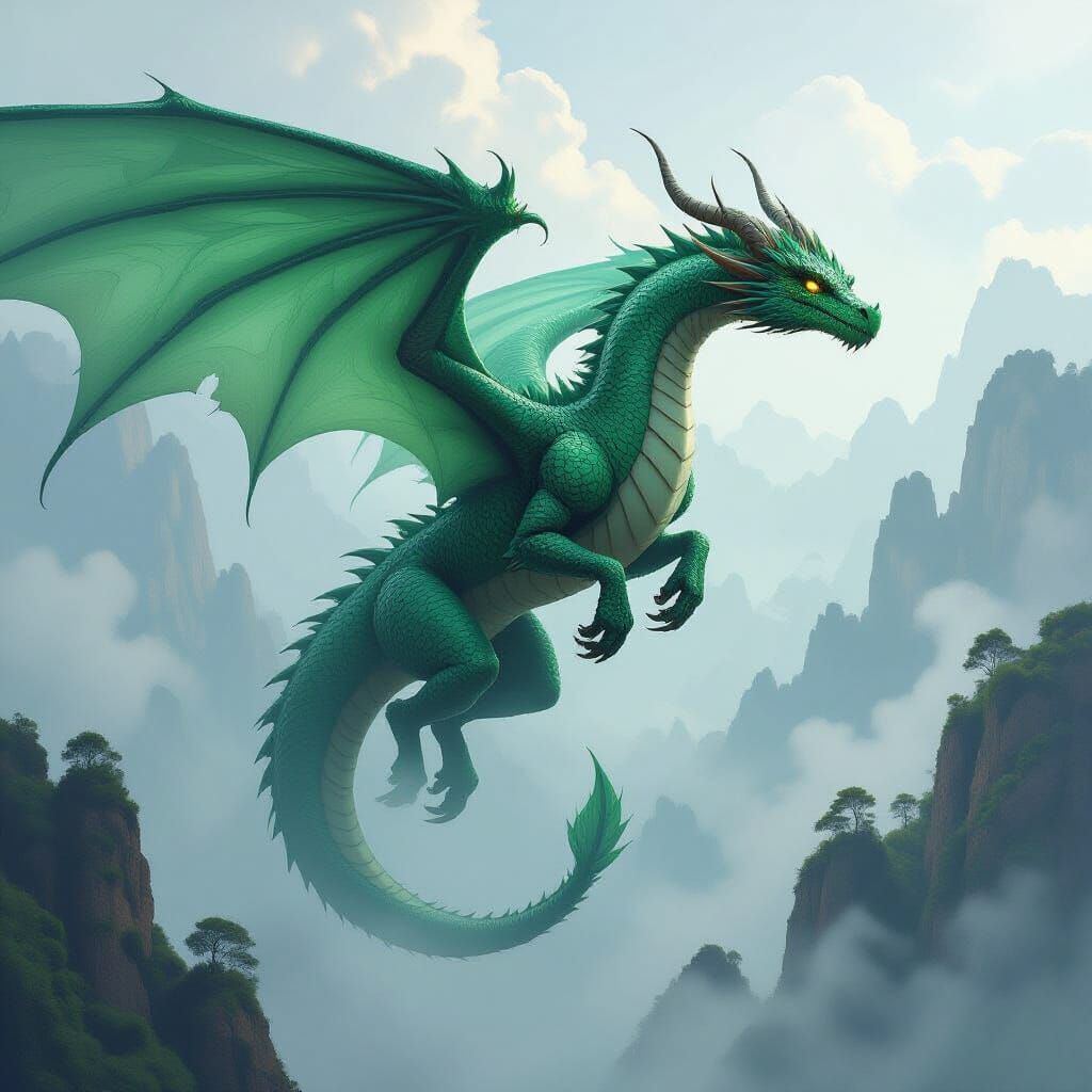Majestic Jade Dragon Soars in Atmospheric Skies