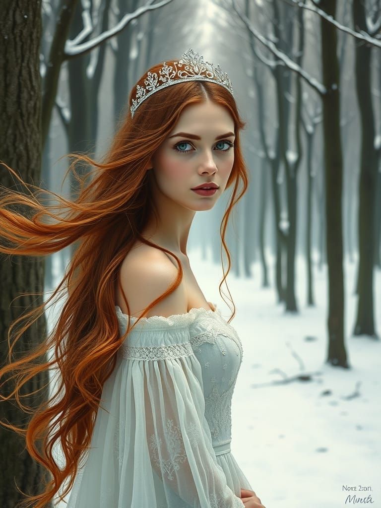 Woman in Snowy Forest: Pre-Raphaelite Art Nouveau