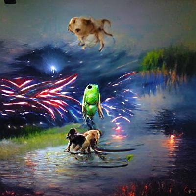 Frog Rides Labrador Under Fireworks: Detailed 8K Painting