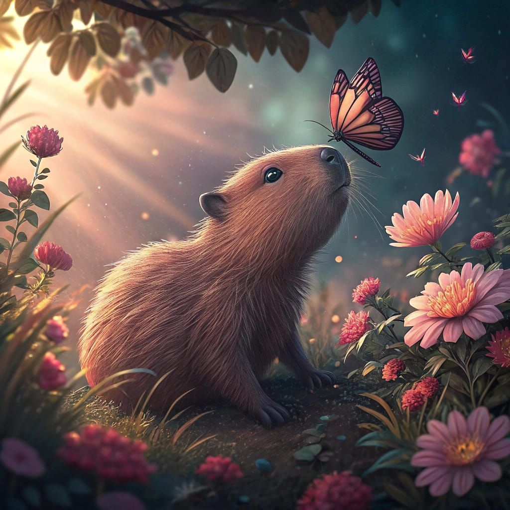 Whimsical Baby Capybara in Enchanted Landscape