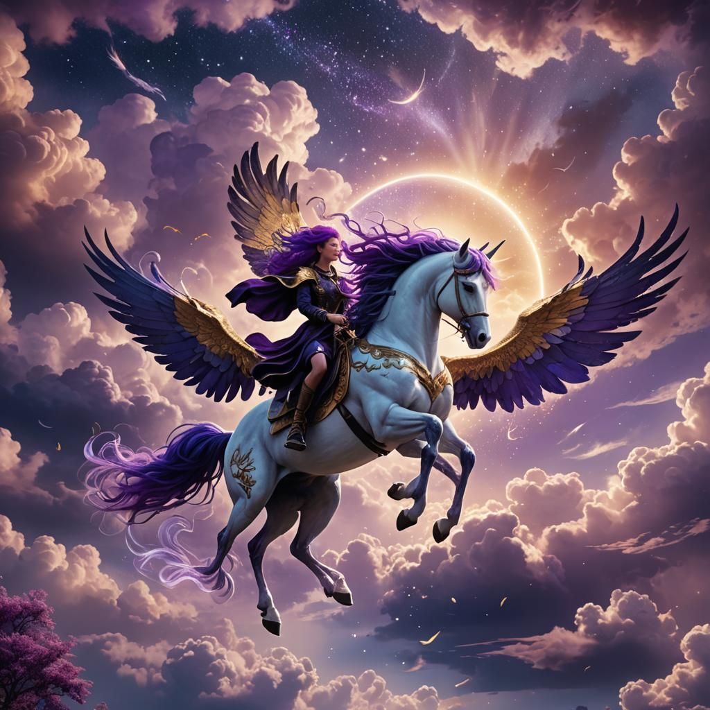 Pegasus and Purple-Haired Lady in Fantasy Landscape