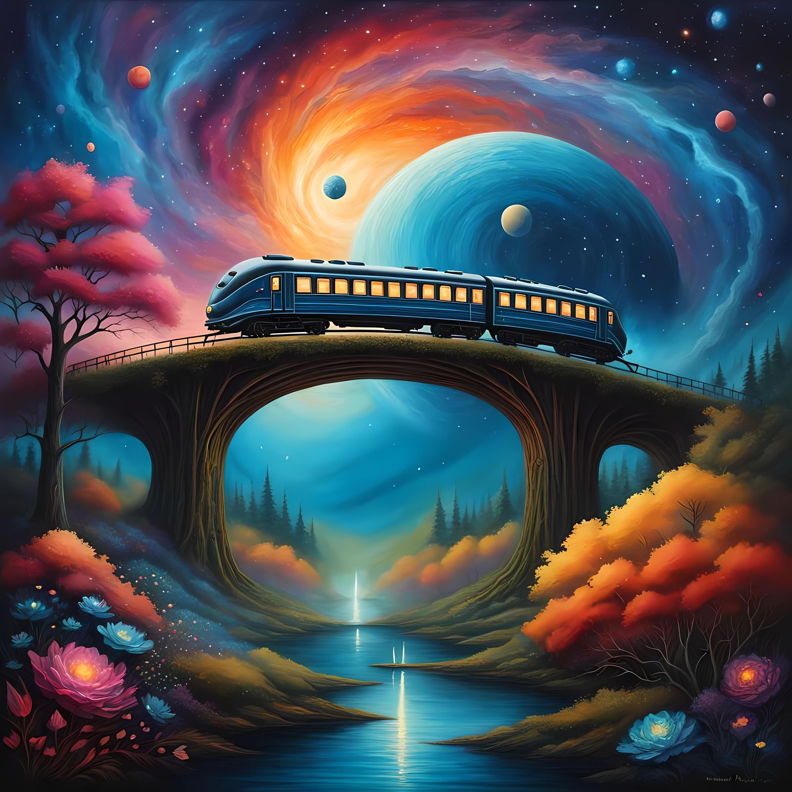 Evanescent Cosmos: Impasto Galaxy Train in Deep Saturation