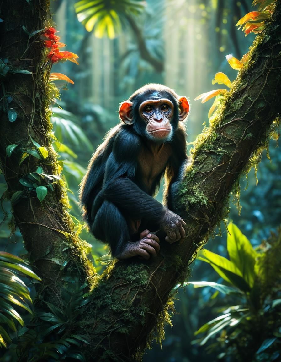 A Chimpanzee perched on a tree branch, surrounded by a beautiful tropical rainforest, colourful exotic plants. Dynamic l...