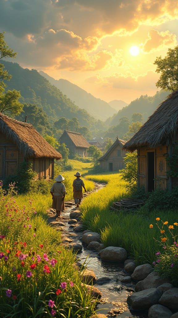 Picturesque Rural Village Scene with Farmers, Art Nouveau St...