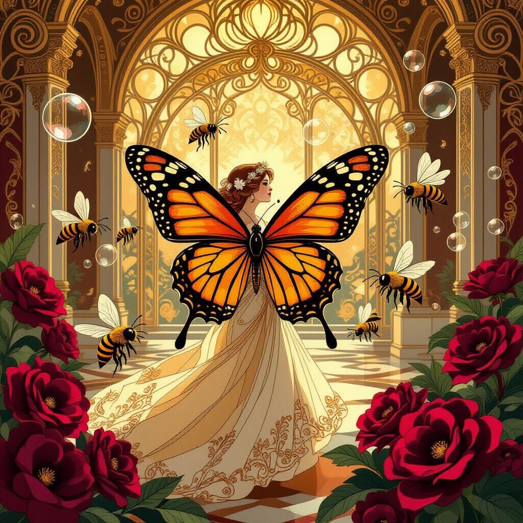 Butterfly and Bees in Lavish Art Nouveau Ballroom