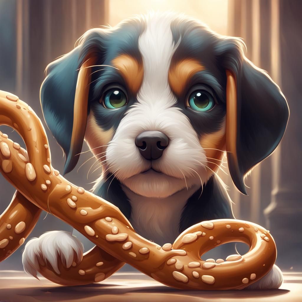 puppy eating pretzel