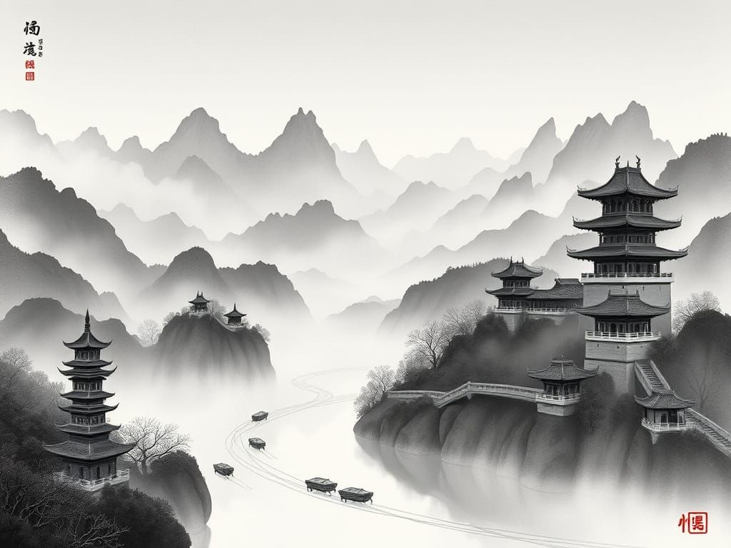 Monochrome Ancient China Landscape with Pagodas