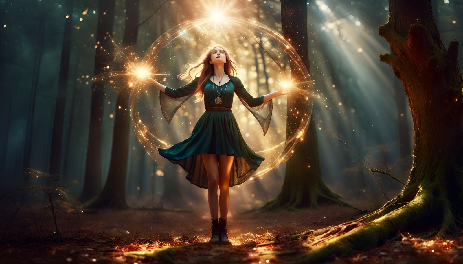 Enchanted Forest Wizard Casting Spell, Hyperrealistic Render