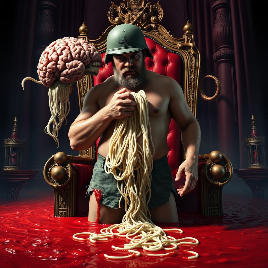 Irate Soldier with Noodles in Biomechanical Horror Style