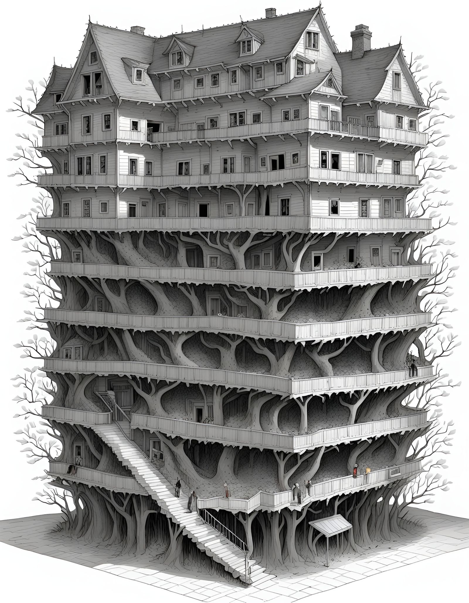 Surreal House with Shifting Labyrinthine Interior